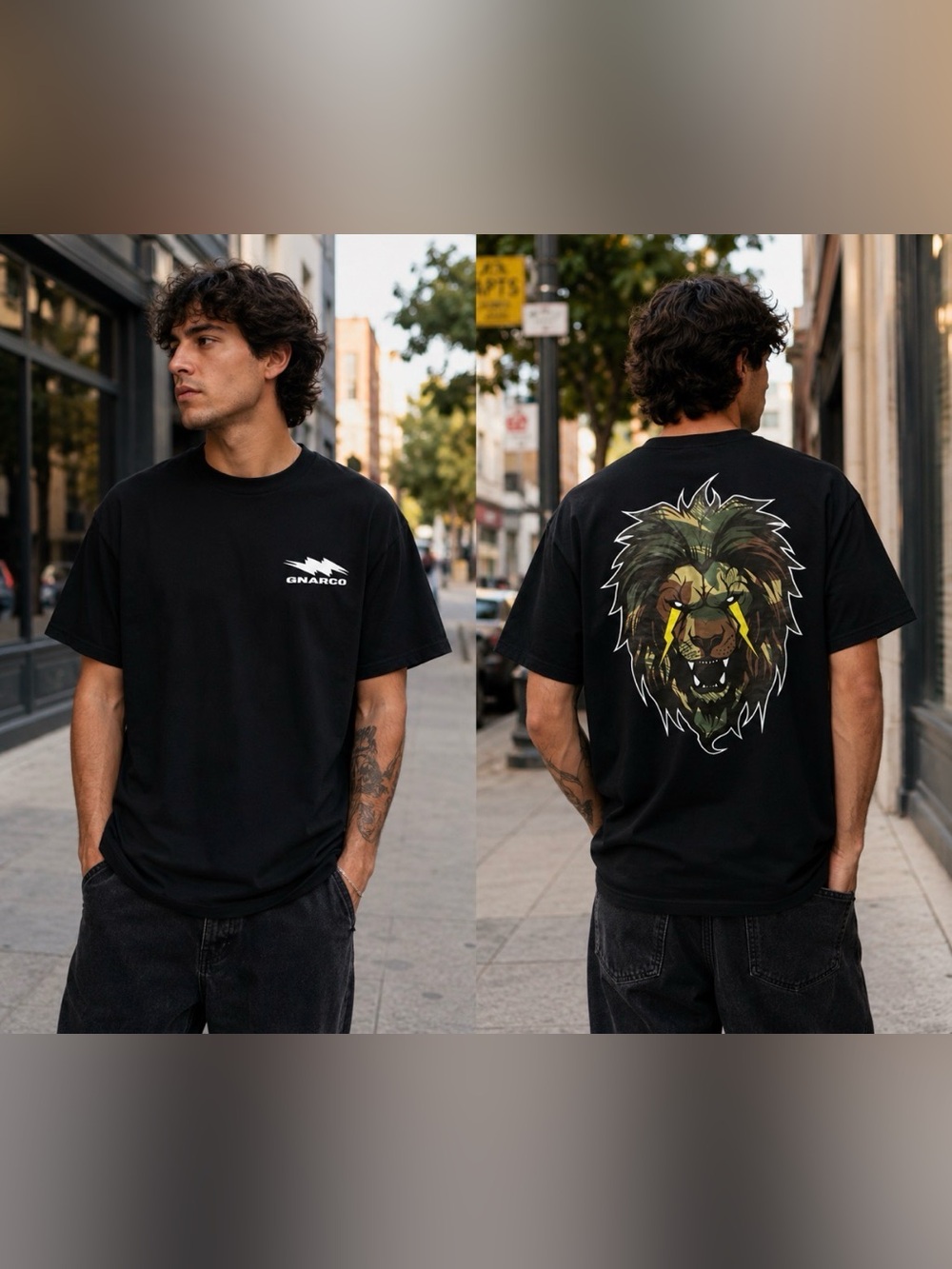 Gnarco Brush Stroke Lion Mens XL 100% Cotton T-Shirt Camo Lightning Bolts, USA
